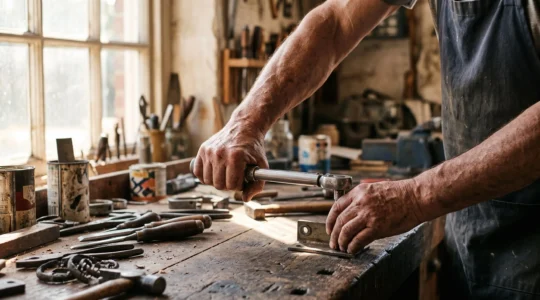 Gros plan sur des mains expertes en train de fixer solidement une pièce métallique dans un atelier chaleureux, symbolisant une réparation durable