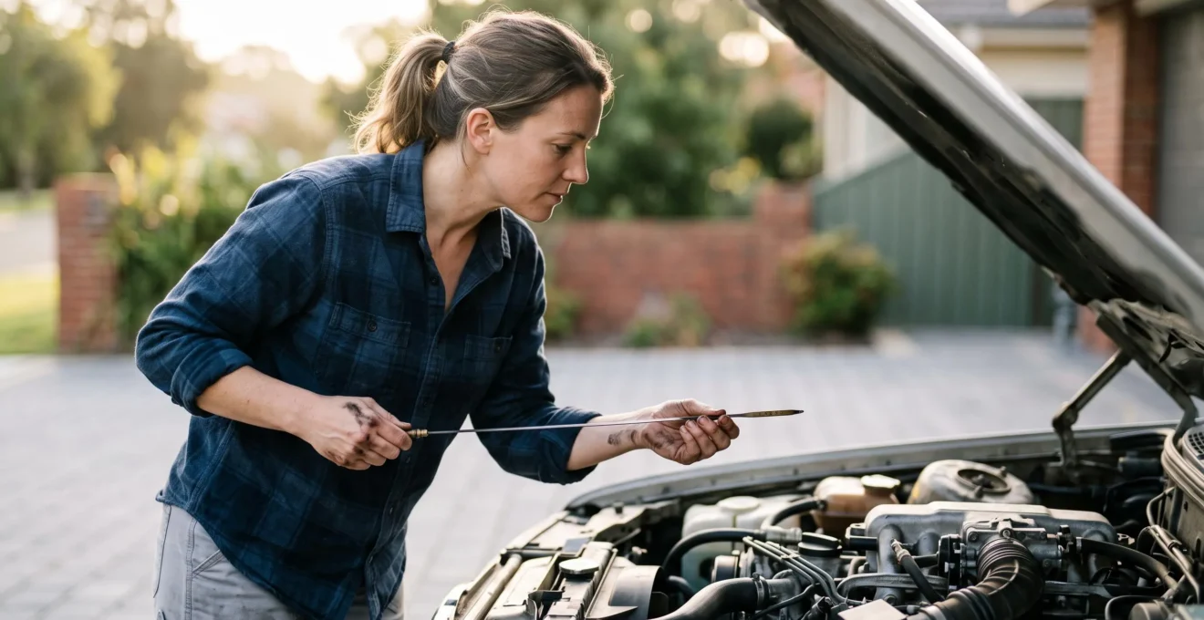 Personne vérifiant les niveaux essentiels de sa voiture un dimanche matin, capot ouvert