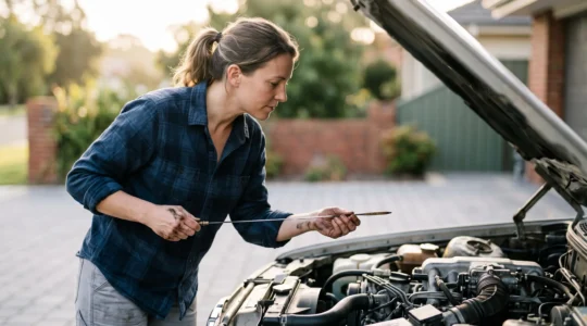 Personne vérifiant les niveaux essentiels de sa voiture un dimanche matin, capot ouvert