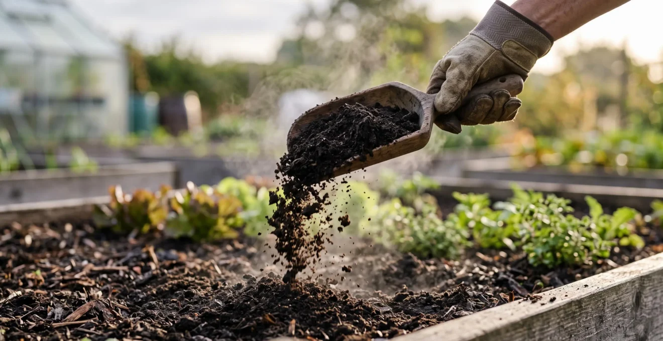 Vue d'ensemble d'un compost mûr et fertile prêt à être épandu dans un jardin potager