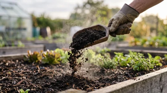 Vue d'ensemble d'un compost mûr et fertile prêt à être épandu dans un jardin potager