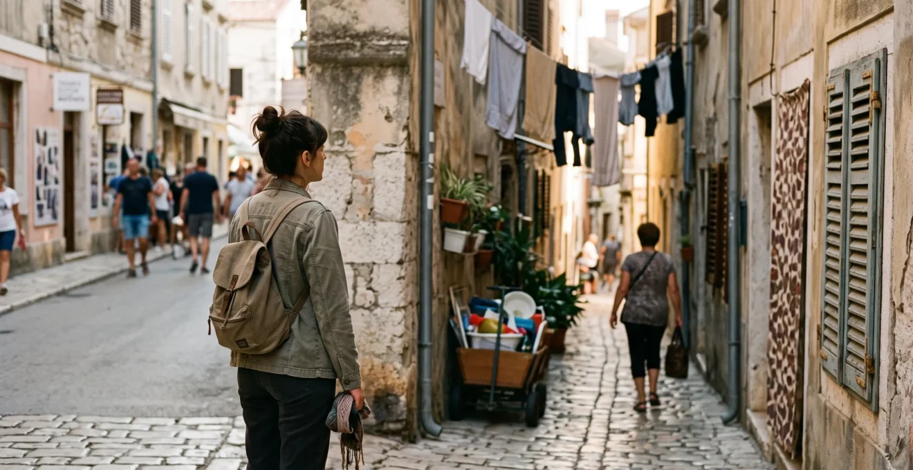 Un voyageur de dos observe une ruelle animee d'un quartier local, se melant discretement a la vie quotidienne du lieu
