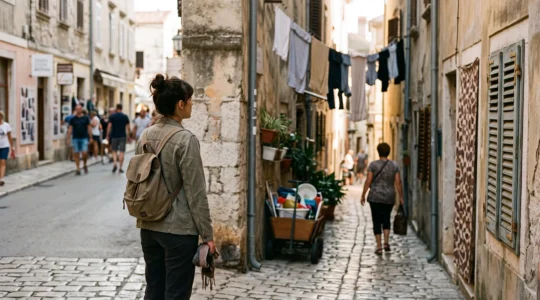 Un voyageur de dos observe une ruelle animee d'un quartier local, se melant discretement a la vie quotidienne du lieu