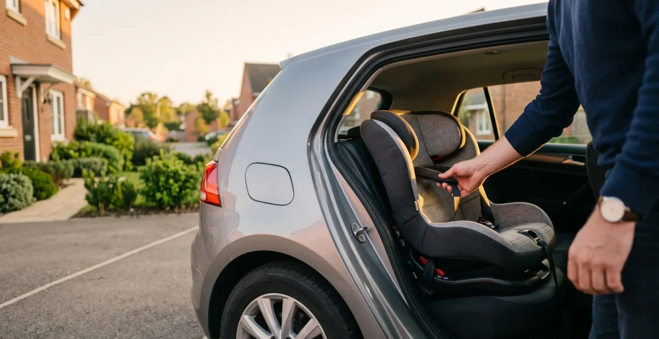 Voiture familiale illustrant la protection d'un enfant en cas d'accident, avec un siège auto visible à l'arrière