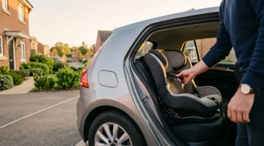 Voiture familiale illustrant la protection d'un enfant en cas d'accident, avec un siège auto visible à l'arrière