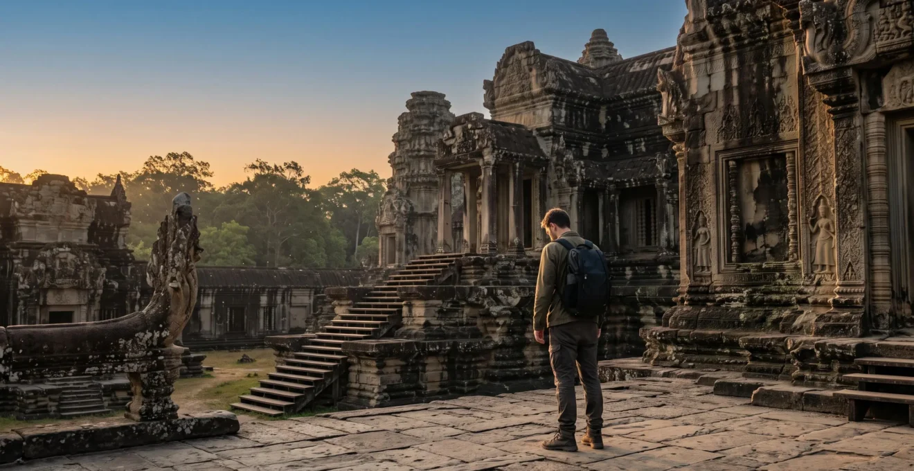 Silhouette d'un voyageur seul contemplant un immense site historique en pierre au lever du soleil, symbolisant la quête de sens face à l'Histoire