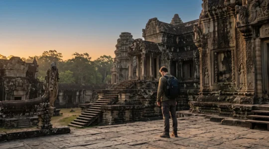 Silhouette d'un voyageur seul contemplant un immense site historique en pierre au lever du soleil, symbolisant la quête de sens face à l'Histoire